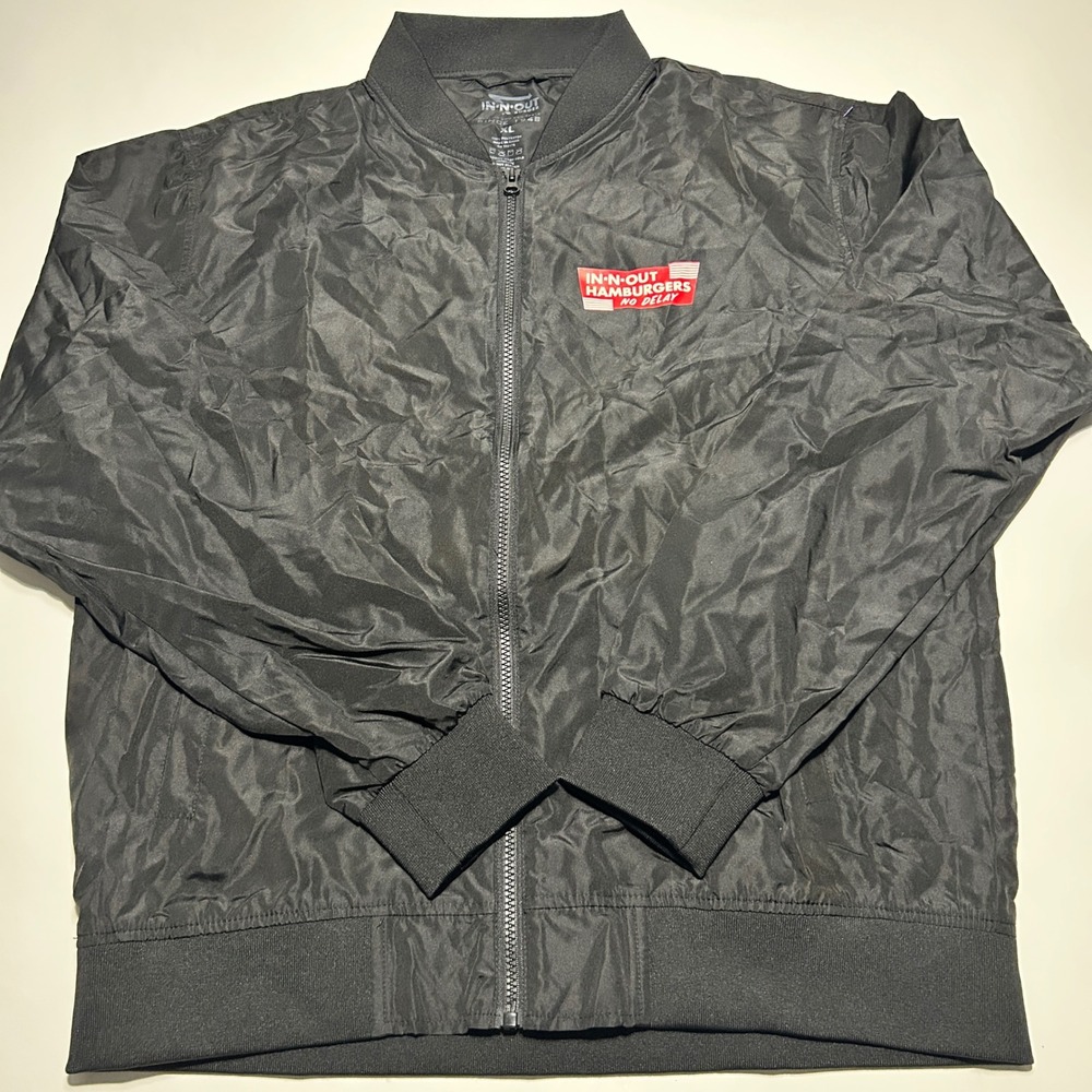 In-N-Out Burger Mens XL Black Windbreaker Bomber Jacket No Delay Logo RN 152178